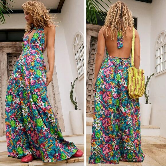 Free People Retro 60s 70s Floral Psychedelic Saffron Halter Maxi Dress Large - Picture 1 of 14